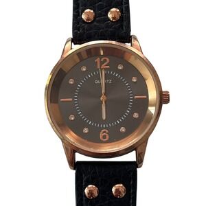 Quartz Watch Rhinestone Accent Markers‎ Black Band Rose Gold Tone Bezel